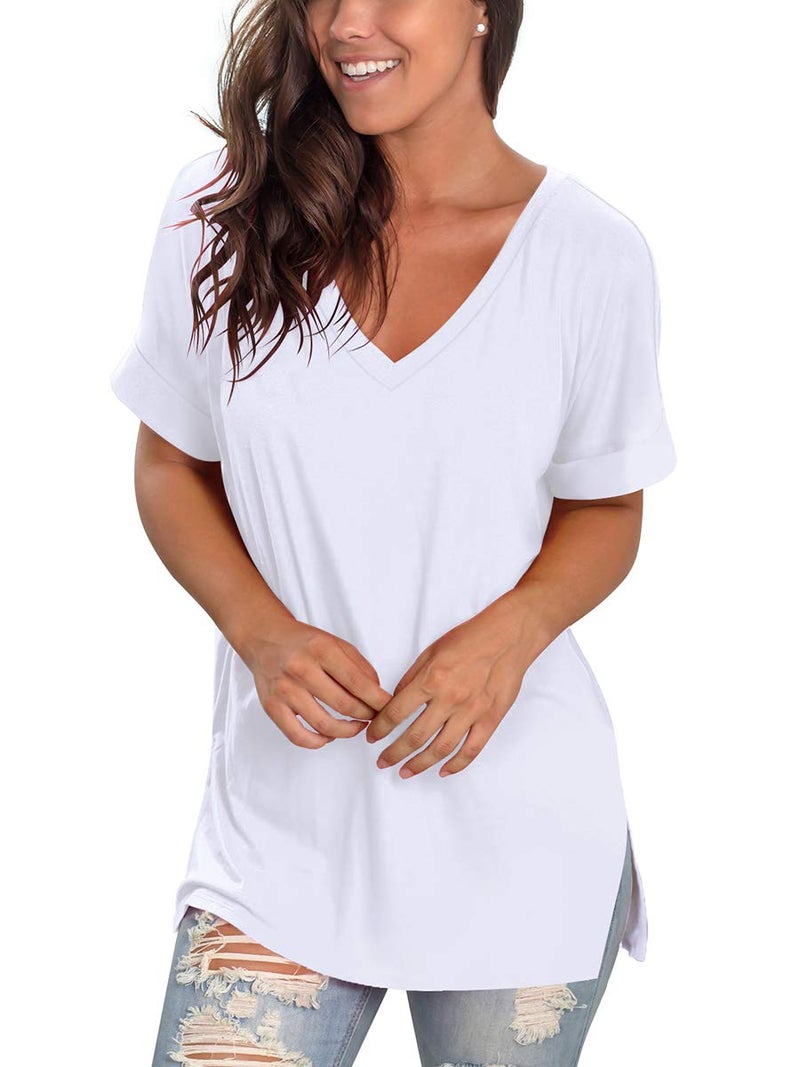 SAMPEEL Womens Plus Size Tops Short Sleeve V Neck T Shirts Loose Fit Summer White XXL - Image 4